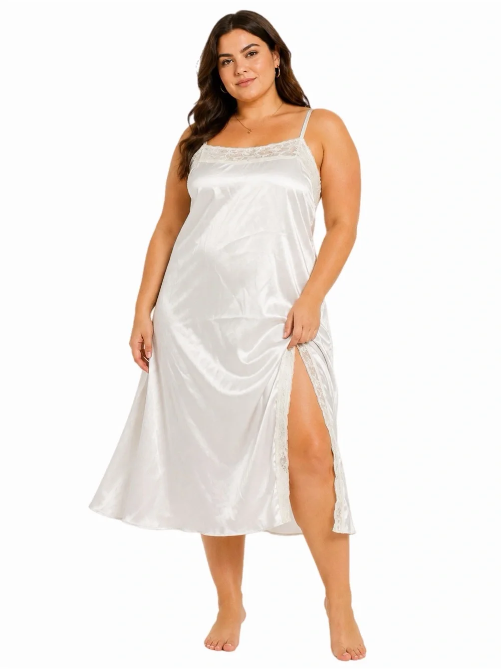 90s/Y2K European Vintage Satin Midi Slip Dress Lace Accents w Slit Hem (Ivory)1X